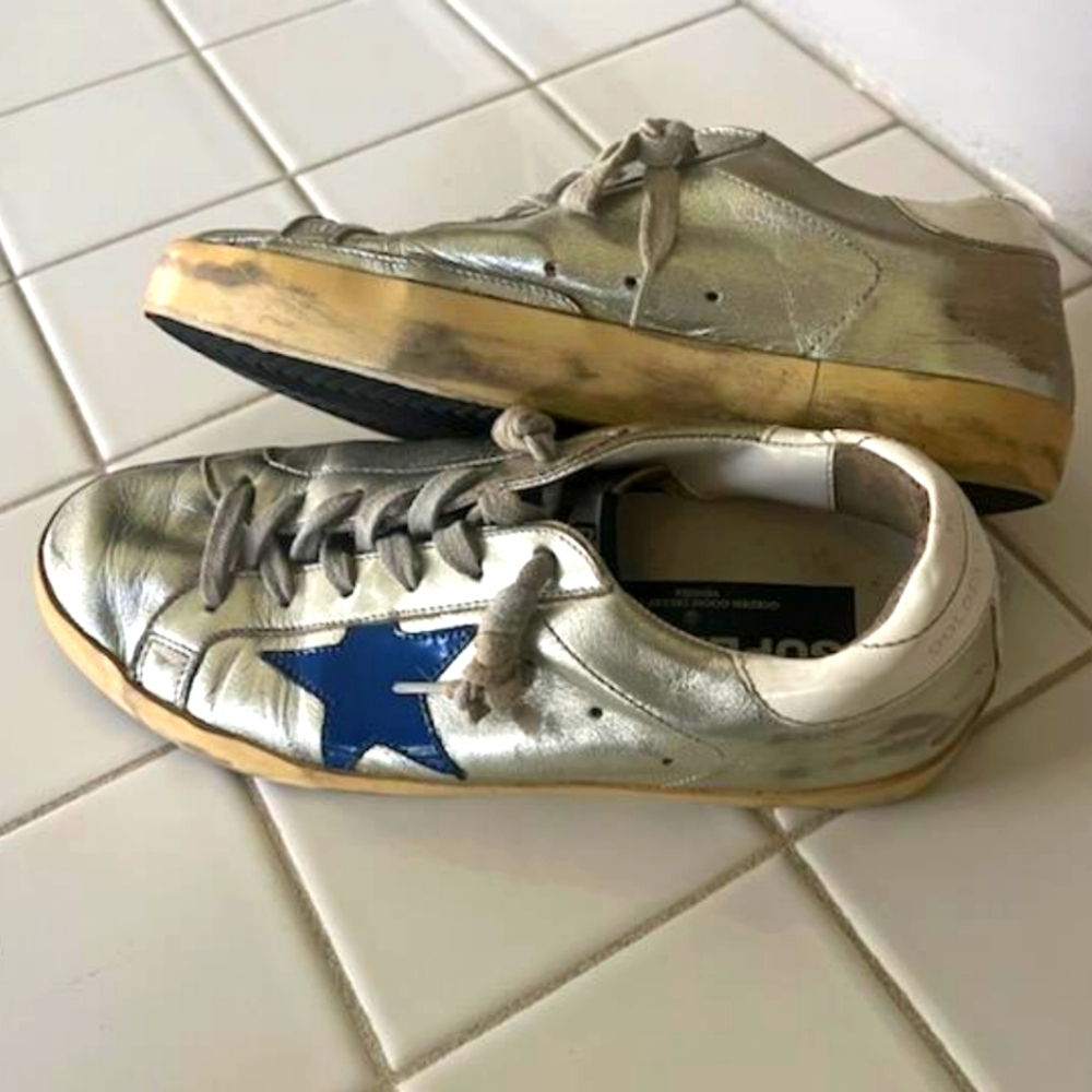 Golden Goose GGDB Sneakers Superstar Metallic Silver Red Blue Size 37